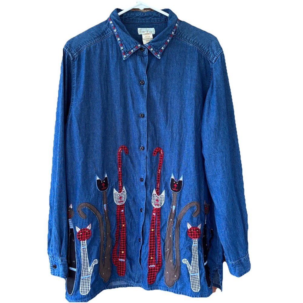 Bobbie Brooks Denim Button Up Shirt Women's Large Crazy Cat Applique Embroidery